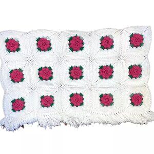 Handmade Crochet Quilt Rosettes Pink White Knit Afghan Blanket Throw Flowers